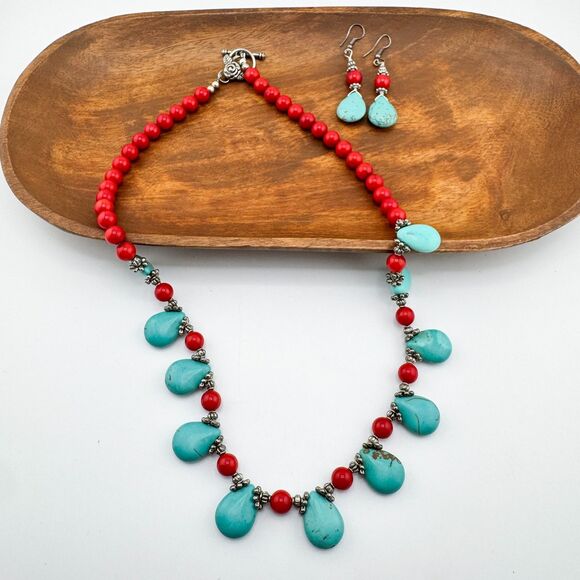 Turquoise & Red Coral Beaded Necklace Set Teardrop Toggle Earrings Southwestern - Picture 3 of 16